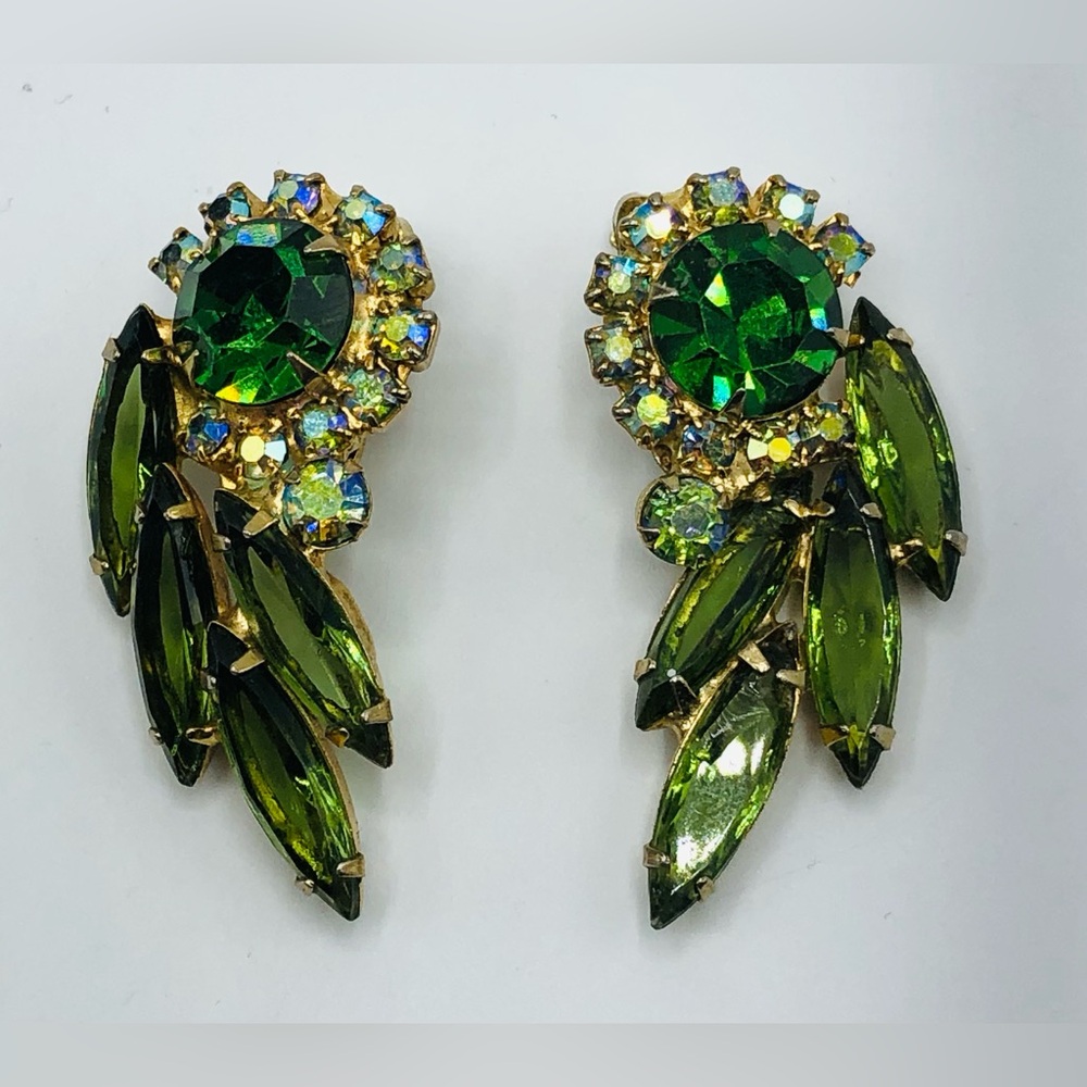 Juliana Rhinestone Earrings Green AB Navette Clip 1960s Vintage Gold Tone